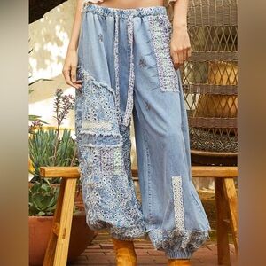 NEW POL Patchwork Relaxed Fit Jogger Pants in Twill